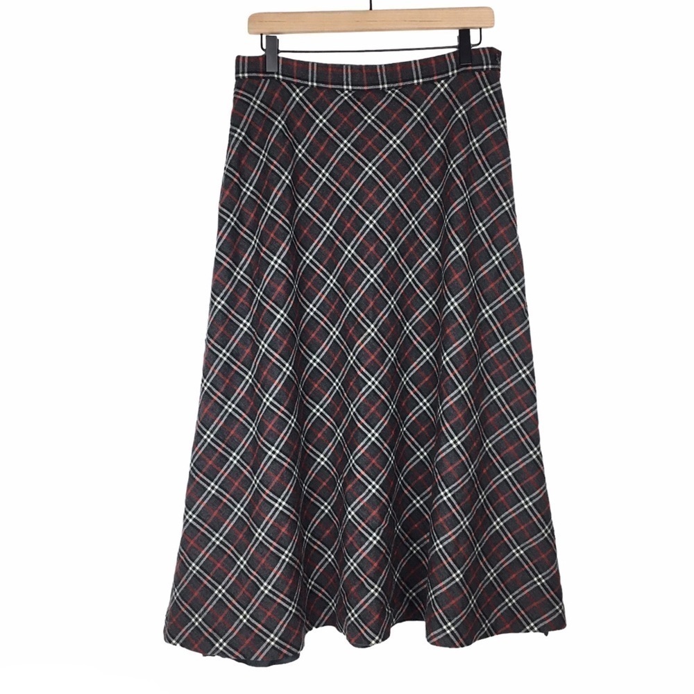 TALBOTS Vintage 100% Wool Midi Skirt Plaid Dark Academia Grey Red Holidays 14